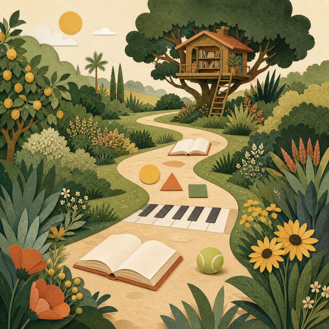 A winding learning trail through a garden toward a treehouse library, with books, a piano keyboard, and a tennis ball.