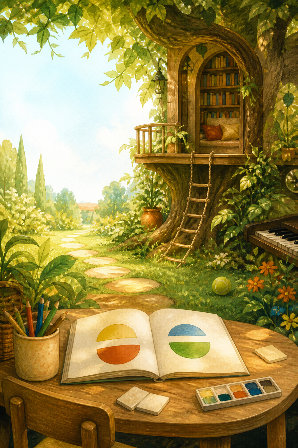 A sunlit treehouse learning garden with an open art book, piano keys, and a tennis ball.
